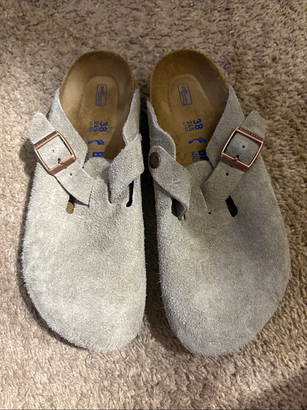 Birkenstock Kids Suede Slip-On Clogs in Light Gray with Copper Buckles